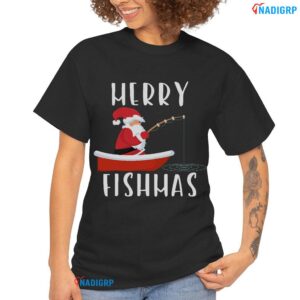 Christmas Fishing Shirt Merry Fishmas Fisherman Santa Gift Gildan Black.