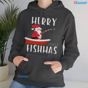 Christmas Fishing Shirt Merry Fishmas Fisherman Santa Gift Hoodie Dark Heather.