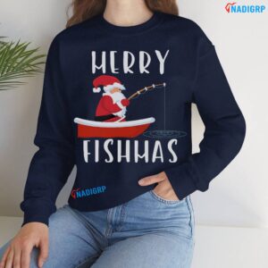 Christmas Fishing Shirt Merry Fishmas Fisherman Santa Gift Sweatshirt Navy Shirt.