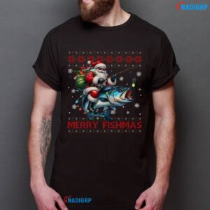 Merry Fishmas Shirt, Bass Fishing Christmas Ugly Sweater Xmas Fisherman Santa Tee