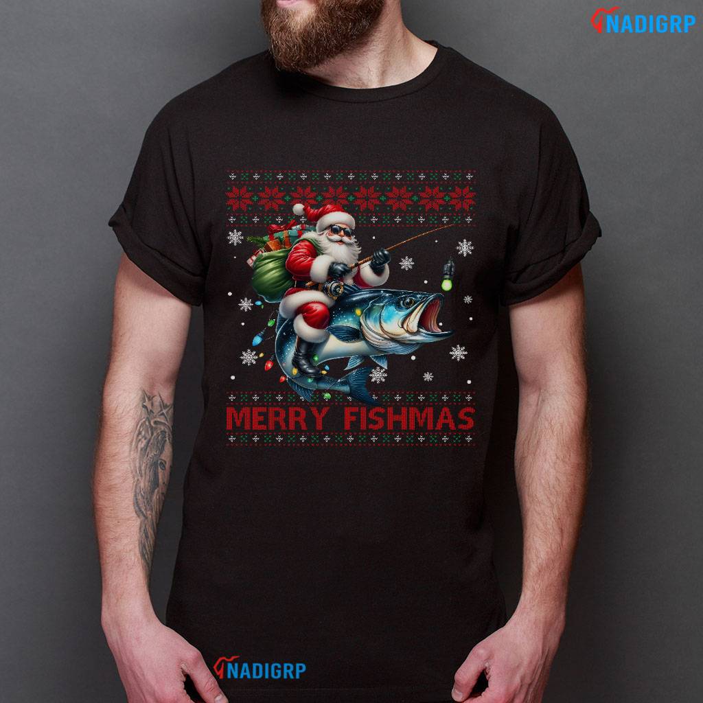 Merry Fishmas Shirt, Bass Fishing Christmas Ugly Sweater Xmas Fisherman Santa Tee Merry Fishmas Shirt, Bass Fishing Christmas Ugly Sweater Xmas Fisherman Santa Tee