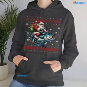 Merry Fishmas Bass Fish Fishing Christmas Ugly Sweater Xmas Fisherman Santa T Shirt Hoodie Dark Heather.
