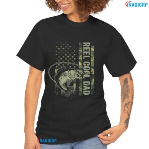 Reel Cool Dad Camouflage American Flag T Shirt Gildan Black.