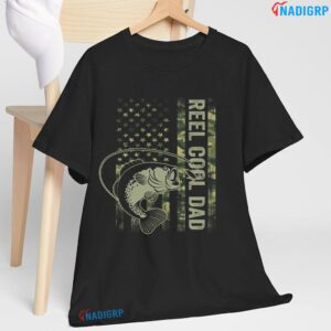 Reel Cool Dad Camouflage American Flag T Shirt Gildan Black Shirt.