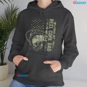 Reel Cool Dad Camouflage American Flag T Shirt Hoodie Dark Heather.
