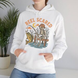 Reel Scared Skeleton Fishing Lover Halloween Shirt Skeleton Fisherman Shirt Hoodie White.