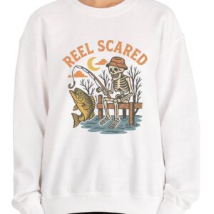 Reel Scared Skeleton Fishing Lover Halloween Shirt Skeleton Fisherman Shirt Sweartshirt White.