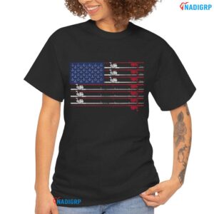 USA Flag Fishing Rods Shirt Men Graphic Patriotic Tee Gildan Black